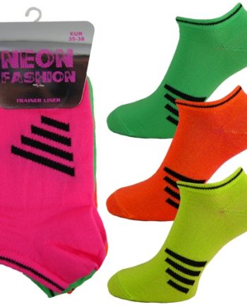 Girls Neon 4 Stripe Design "Value 3 Pair Pack" Trainer Socks